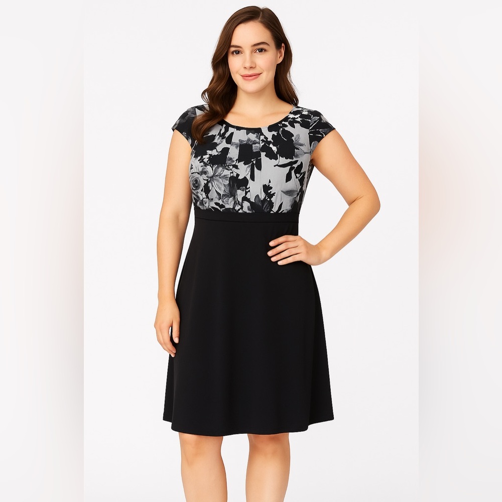 Connected Apparel Black & Gray Floral Midi Dress | Size 10